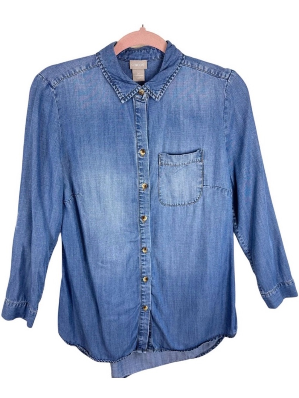 Chico's Tencel Collared Roll Tab Sleeve Light Button Up Shirt Beachy Summer‎ SP